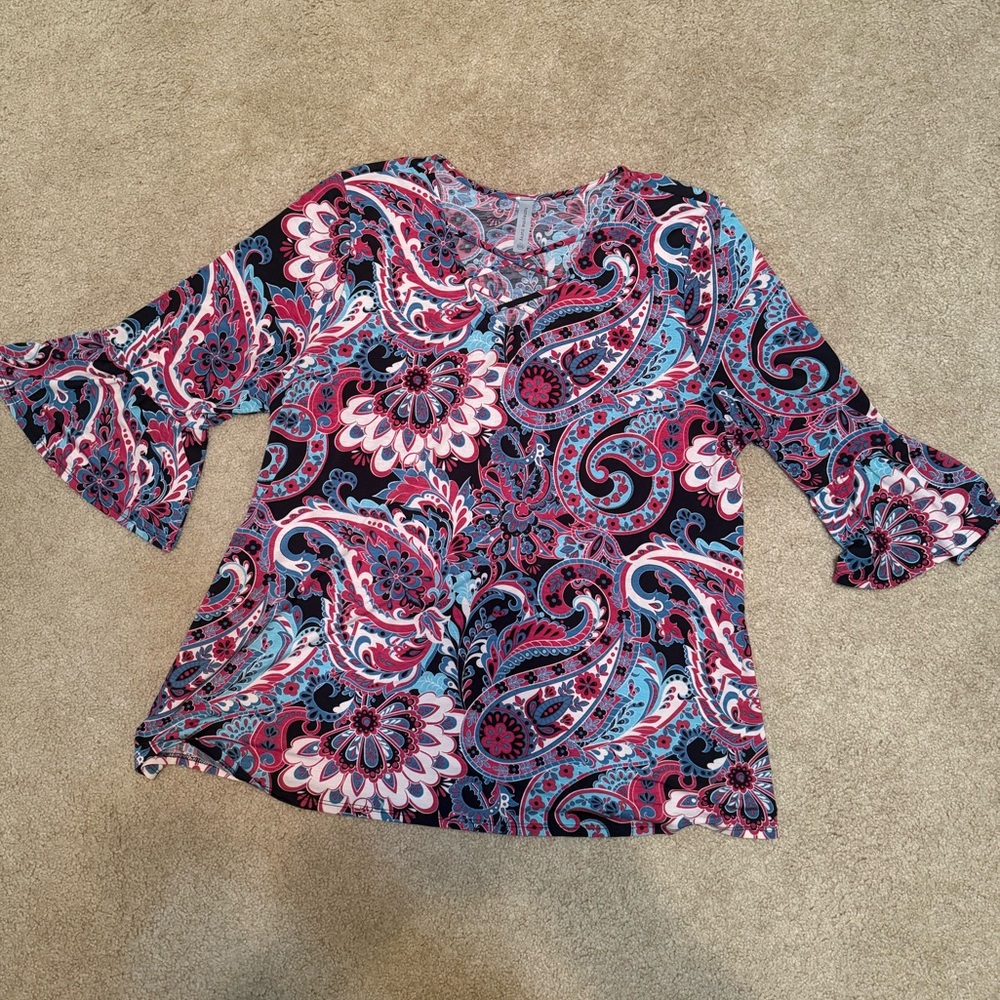 Honeyme Flare 3/4 Sleeve Blouse in Blue and Fuchsia